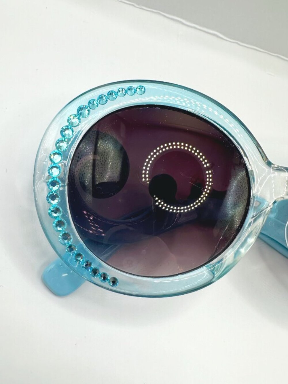 Light Blue Oversized Round Sunglasses Featuring Sparkly Rhinestone Rims - Picture 5 of 5